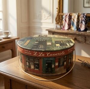 Tri-Coastal Design Paris Cafe Bar La Casserole Round Hat Box 15x6.5" EXCellent